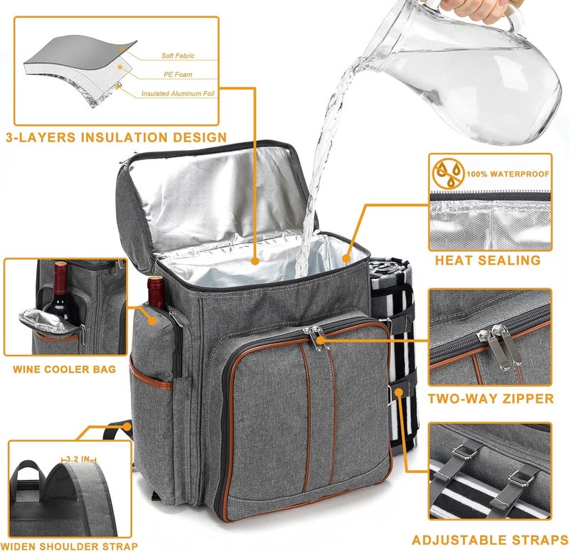 TwentyNext Picnic Backpack for 4, Picnic Basket Set, Leakproof Picnic Bag, Beach Cooler Backpack with Insulated Cooler Wine Pouch,Picnic Blanket, Double Deck Picnic Backpack for Beach,Camping,Park(Grey) - Image 2